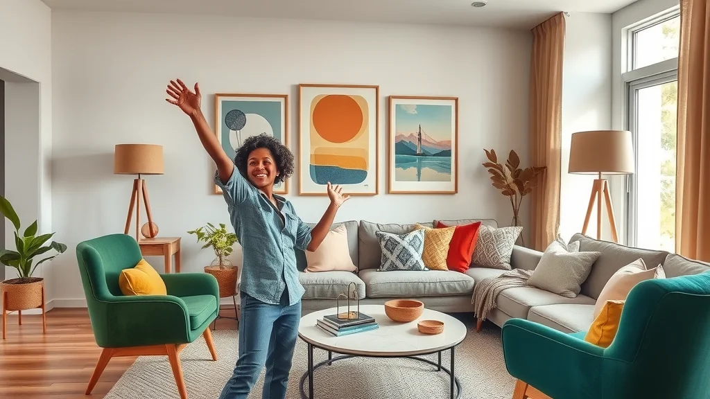 Modern eclectic living room with unique artwork and bold accents integrated into a unified, cohesive design scheme