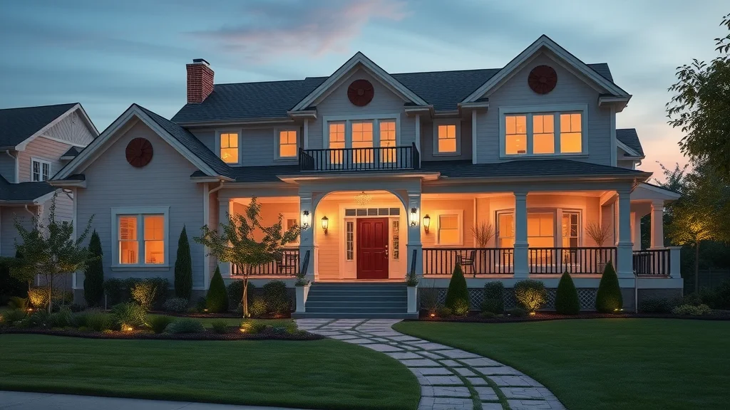 luxury custom home Kirkwood MO exterior at dusk, landscaped gardens, soft outdoor lighting, serene neighborhood