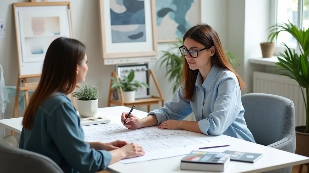 Design professional collaborating with homeowner on interior renovation budget at a bright studio, illustrating expert impact on budget management