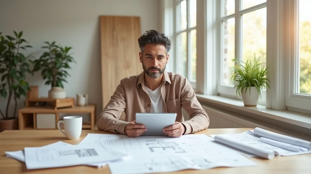 how to make a renovation checklist - Organized home office with renovation papers, digital tablet, and plans, bright and airy atmosphere