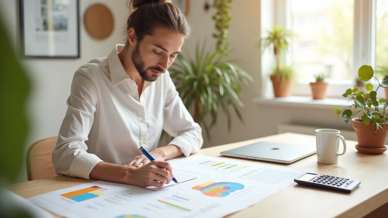 Homeowner reviewing a detailed budgeting chart with renovation plans in bright workspace, demonstrating how to budget for interior renovations