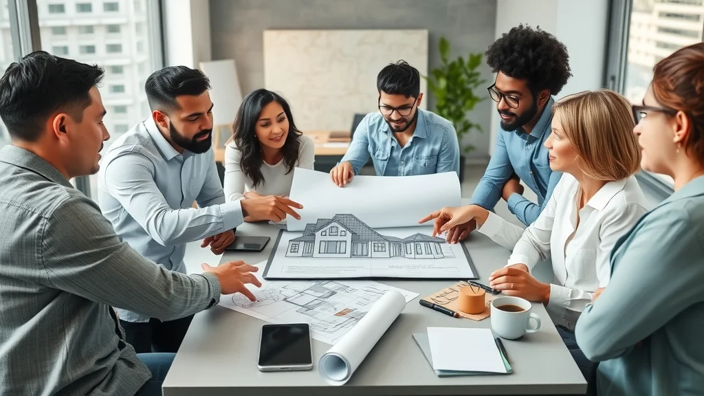 Diverse team meeting with architect discussing budgeting tips for custom home construction