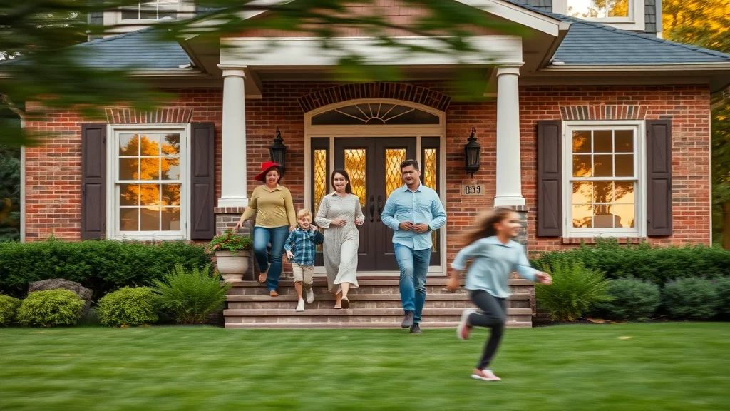 Luxury custom-built home exterior in St Louis with joyful family outside. Multi-generation group, children playing on manicured lawn, lush Missouri neighborhood, golden hour light, natural, photorealistic detail, custom home builder St Louis Missouri