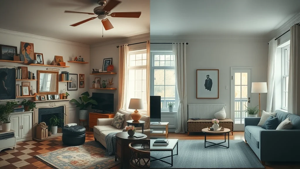 Side-by-side rooms showing the difference between chaotic and harmonious, cohesive home designs