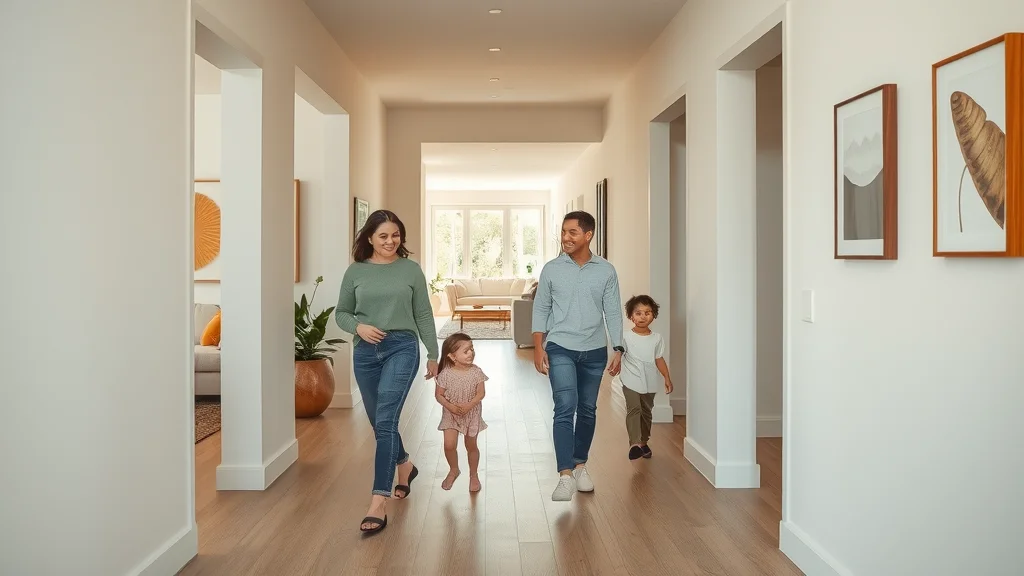 Stylish home hallway connecting rooms with repeated colors and artwork, illustrating cohesive interior design