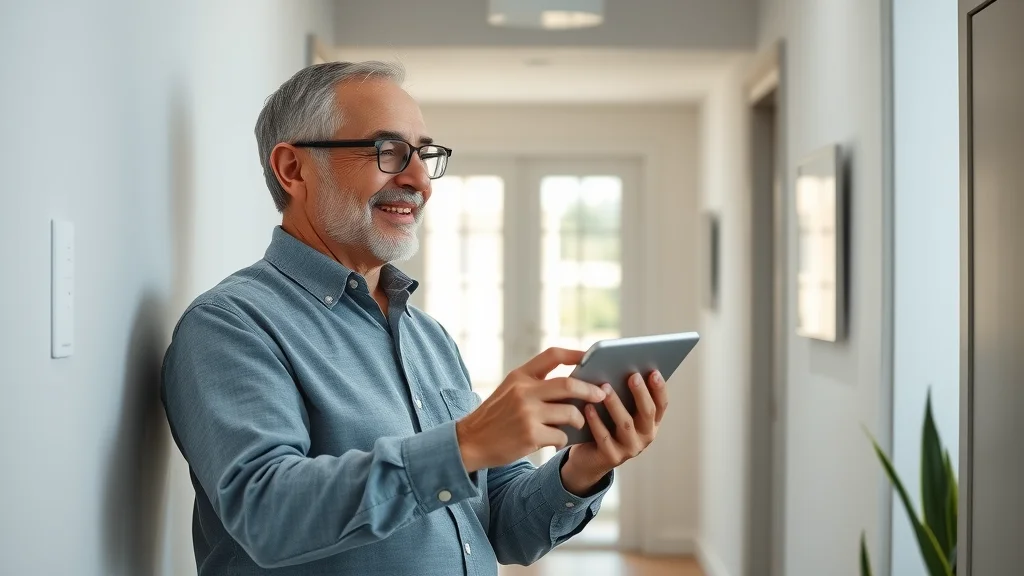 Cheerful homeowner using smart home tablet system, custom home interior in St Louis. Sleek technology integration, sunlit hallway, showing customization and convenience. custom home builder St Louis Missouri