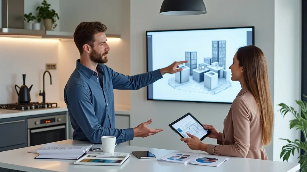 home renovation checklist - Designer and client collaborating on kitchen plans in a modern interior