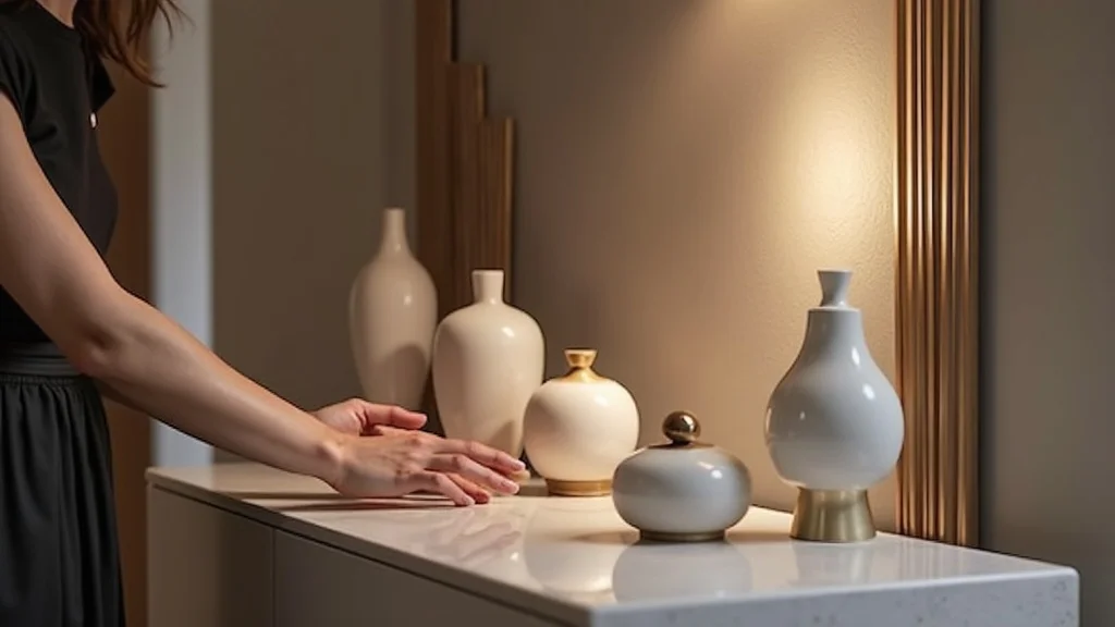 Designer arranging three, five, and seven decor pieces on a modern console illustrating budgeting rules like the 3-5-7 principle in interior design