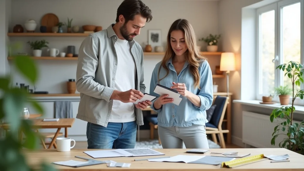 Couple assessing design needs for interior renovation with tape measure and notebook, focusing on budgeting for a custom home makeover