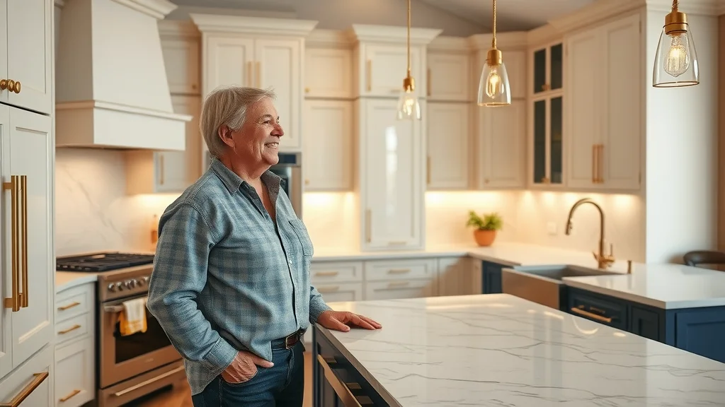 Luxury kitchen with high-end finishes in St Louis custom home. Happy homeowner admires marble countertops and custom cabinetry, richly realistic photorealism, custom home builder St Louis Missouri