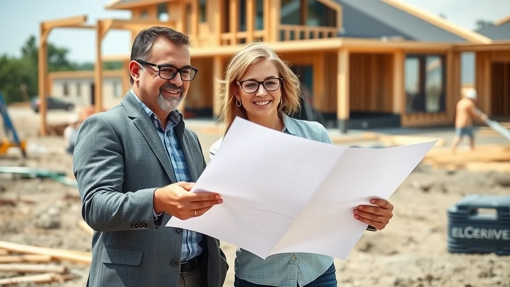 custom home builder Kirkwood MO architect and client reviewing blueprints at construction site, luxury home project