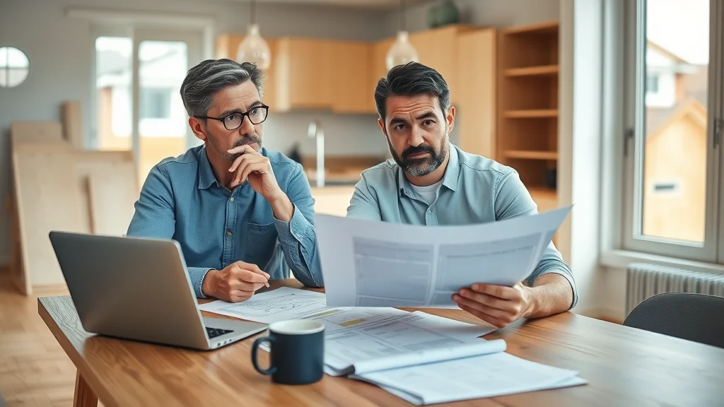 Concerned couple reviewing building plans for budgeting tips for custom home construction