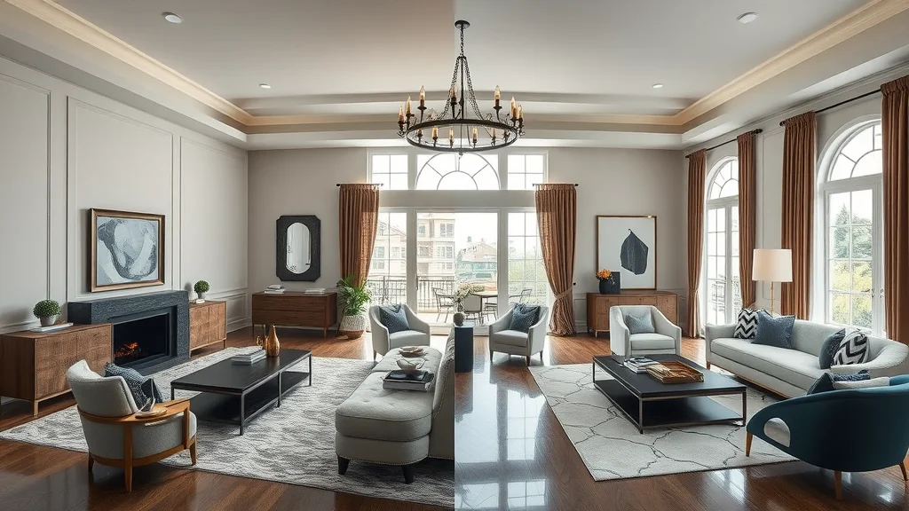 custom home builder Kirkwood MO, split view of custom versus luxury living room, elegant and modern interiors