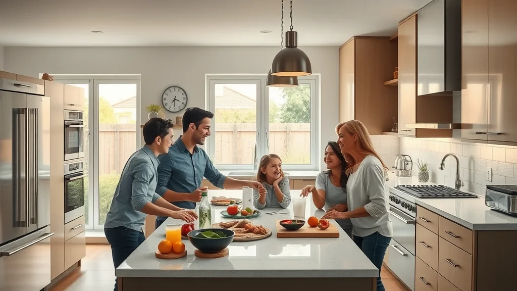 luxury custom home Kirkwood MO open concept kitchen with energy-efficient appliances and elegant finishes, family enjoying space