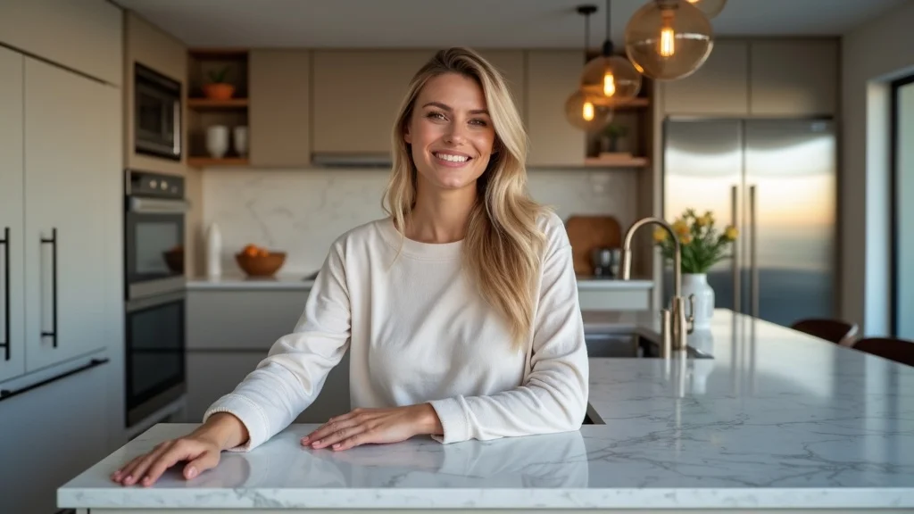 kitchen remodel - Proud homeowner in newly-refinished luxury kitchen, sparkling finishes and premium appliances