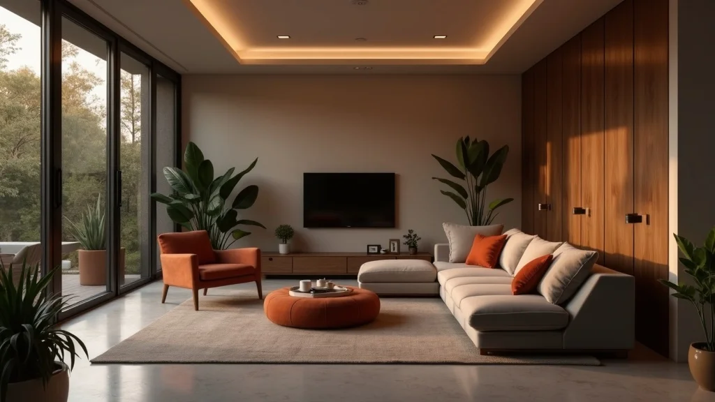 luxury living room renovation checklist - Homeowner using smart panel, eco-friendly lighting, stylish décor