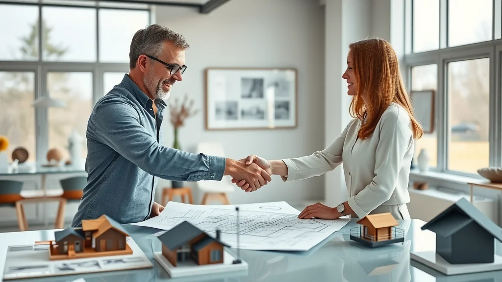 Architect and client review custom home blueprints in St Louis design studio, handshake shows satisfaction. Sleek modern workspace, luxury home planning, custom home builder St Louis Missouri