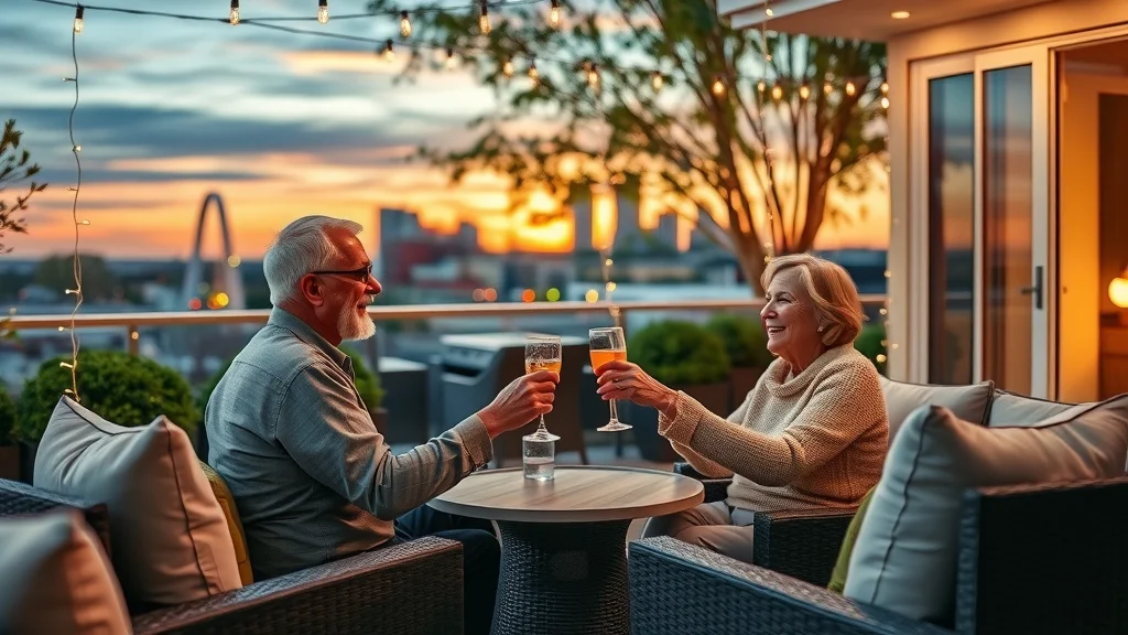 Satisfied clients enjoy sunset from luxury custom-built patio in Missouri. Cozy outdoor space, modern furnishings, St Louis skyline, custom home builder St Louis Missouri, twilight realism.