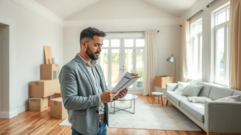 Modern home interior with project manager reviewing construction cost checklist